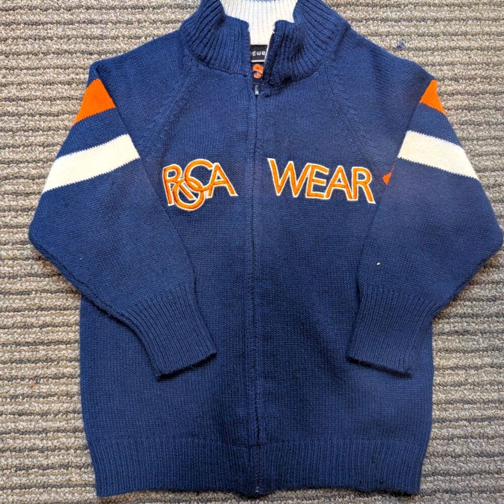 Vtg Y2K ROCAWEAR Toddler 2T Knit Full-Zip Sweater Navy Orange Spellout